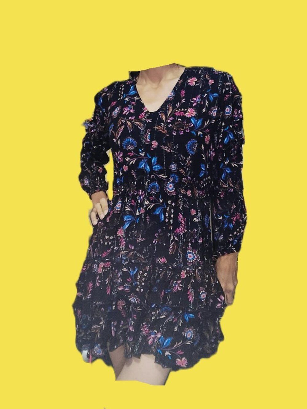 Jessica Simpson | Black Floral Long Sleeve Ruffle Dress Size XS | Elastic Waist